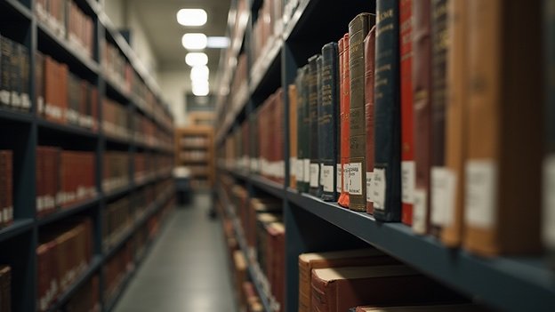 Library shelves of bound research volumes