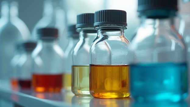 Laboratory reagent bottles on a bench