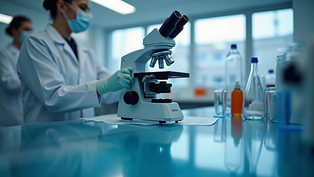 Researcher at a laboratory microscope