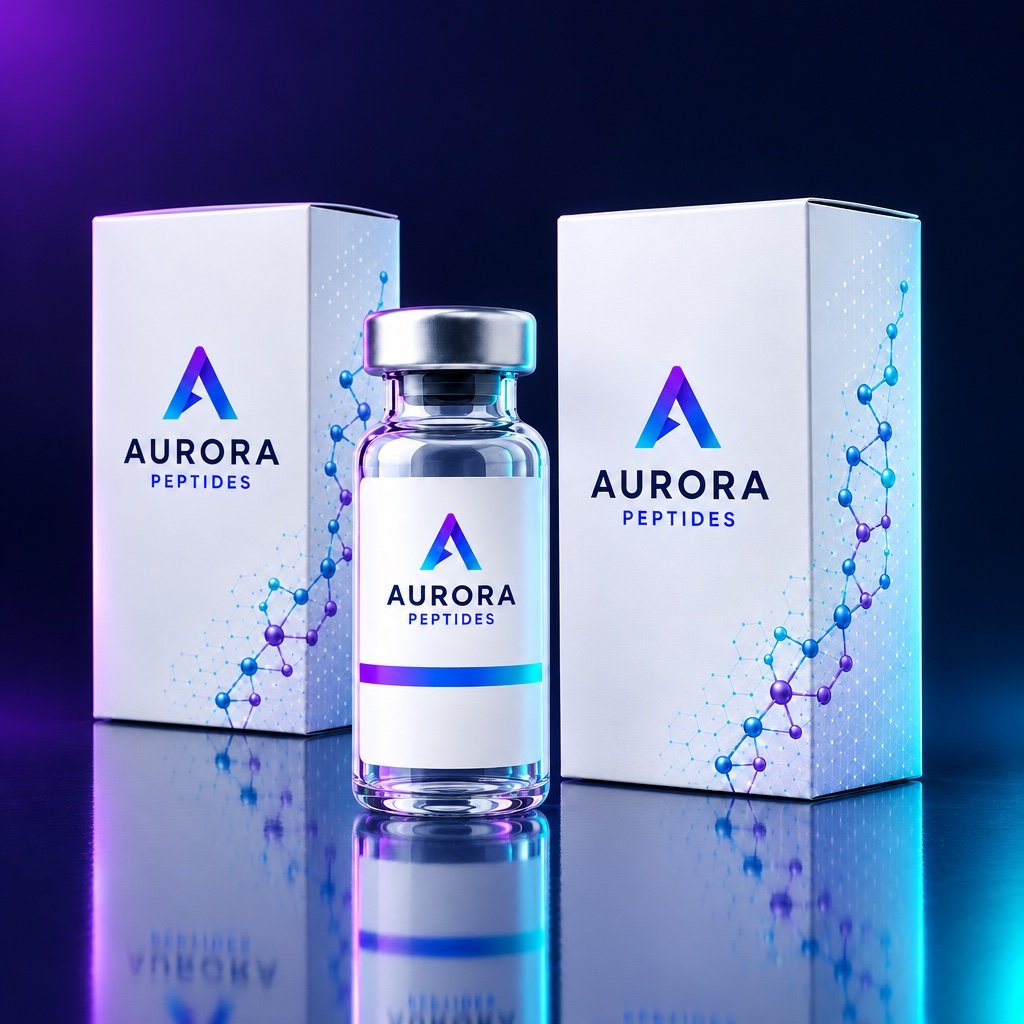 Aurora boxes and vial on a navy surface with violet and cyan light